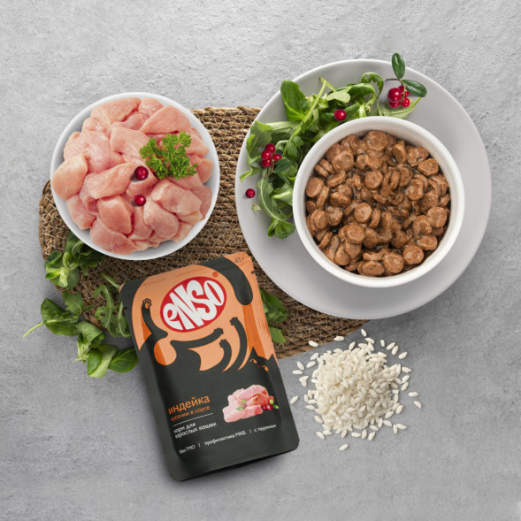 ENSO влажный корм для взрослых кошек, кусочки в соусе с индейкой, в паучах - 85 г