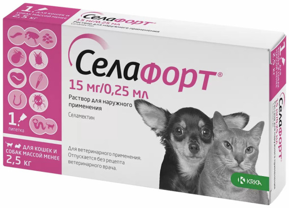 Селафорт капли от блох, вшей и власоедов для кошек и собак весом до 2,5 кг - 1 пипетка (15 мг/0,25мл)