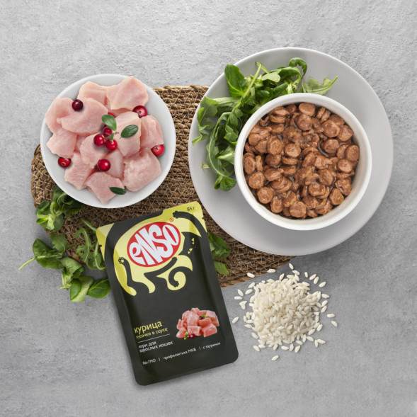 ENSO влажный корм для взрослых кошек, кусочки в соусе с курицей, в паучах - 85 г