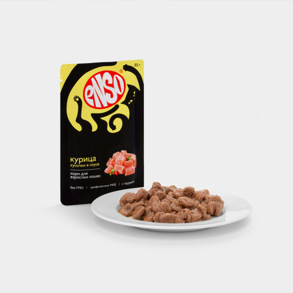 ENSO влажный корм для взрослых кошек, кусочки в соусе с курицей, в паучах - 85 г