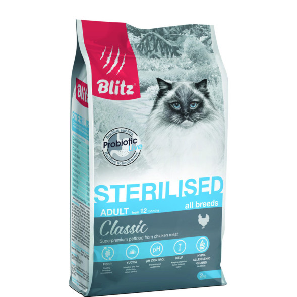 Blitz Classic Cat Sterilised сухой корм для взрослых стерилизованных кошек, с курицей - 2 кг