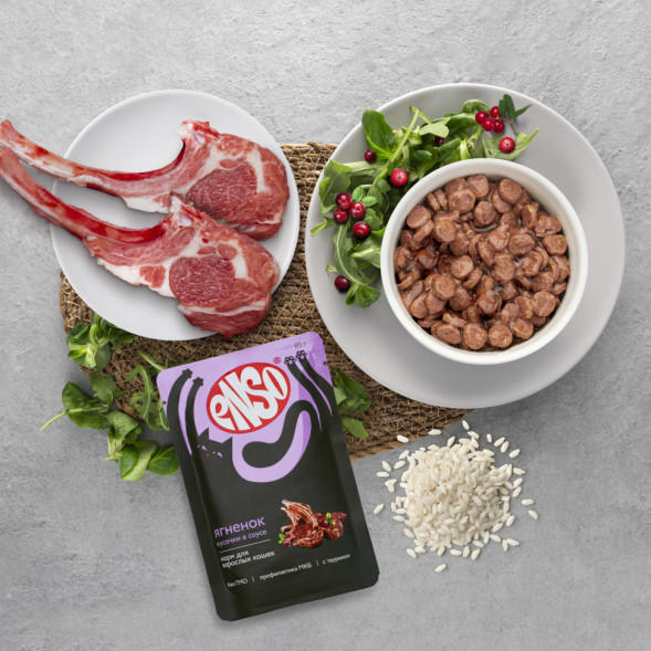 ENSO влажный корм для взрослых кошек, кусочки в соусе с ягненком, в паучах - 85 г