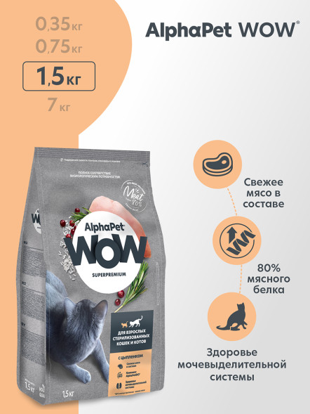 AlphaPet WOW Superpremium сухой полнорационный корм для взрослых стерилизованных кошек и котов c цыпленком - 1,5 кг