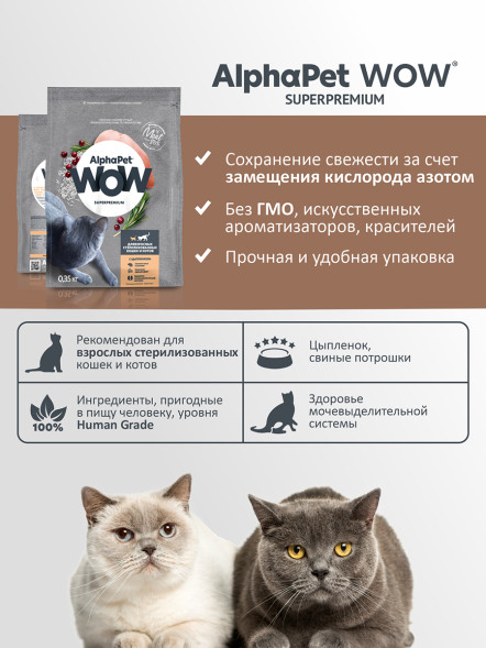 AlphaPet WOW Superpremium сухой полнорационный корм для взрослых стерилизованных кошек и котов c цыпленком - 350 г