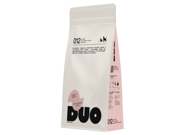DUO Nutrition сухой полнорационный корм для взрослых собак средних и крупных пород с индейкой и рисом - 10 кг