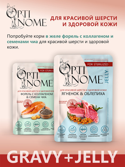 Optinome влажный корм для взрослых стерилизованных кошек для красивой шерсти и здоровой кожи без зуда и перхоти с форелью, коллагеном и семенами чиа в соусе, в паучах - 75 г