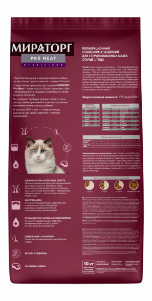 Мираторг сухой корм для взрослых стерилизованных кошек с индейкой - 10 кг