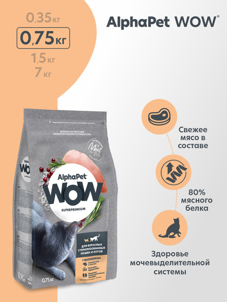 AlphaPet WOW Superpremium сухой полнорационный корм для взрослых стерилизованных кошек и котов c цыпленком - 750 г