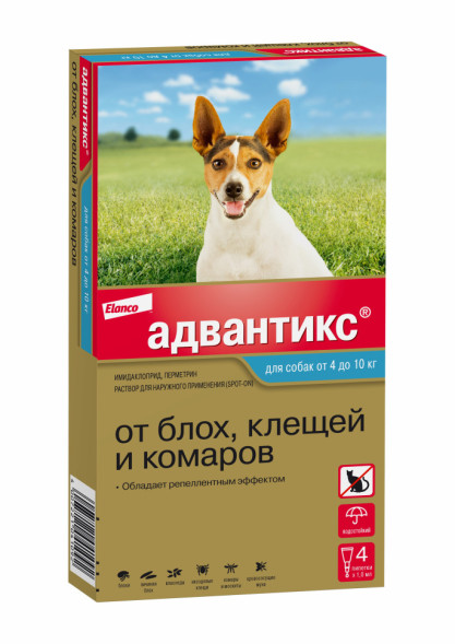 Адвантикс капли от блох, клещей и комаров для собак весом от 4 до 10 кг - 4 пипетки