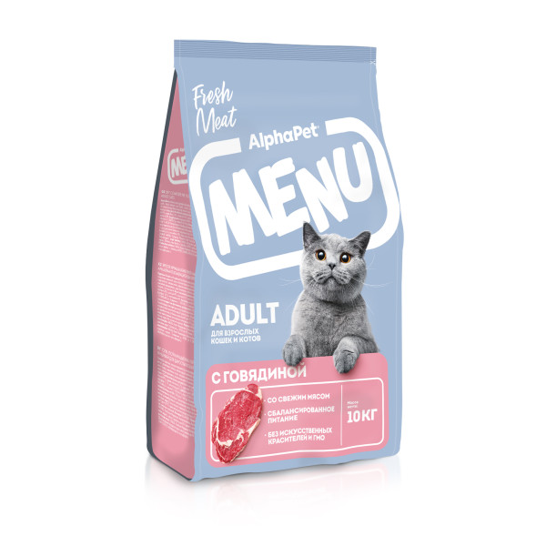 AlphaPet MENU сухой корм для взрослых кошек с говядиной - 10 кг