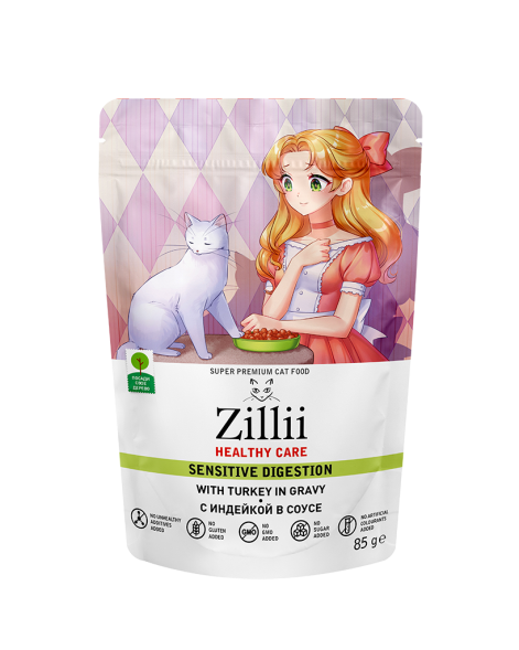 Zillii Healthy Care Sensitive Digestion влажный корм для взрослых кошек с чувствительным пищеварением, с индейкой в соусе, в паучах - 85 г