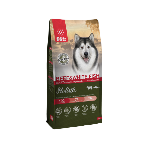 Blitz Holistic Beef &amp; White Fish сухой беззерновой корм для взрослых собак средних и крупных пород, при чувствительном пищеварении с говядиной и белой рыбой - 12 кг