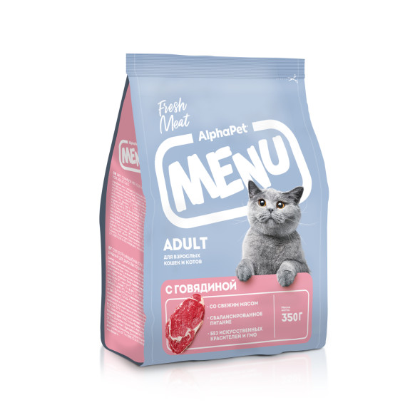 AlphaPet MENU сухой корм для взрослых кошек с говядиной - 350 г