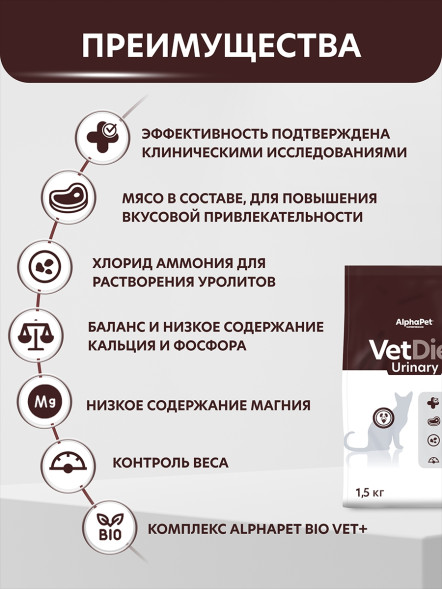 AlphaPet Vet Diet сухой корм для взрослых кошек и котов при заболеваниях нижних отделов мочевыводящих путей - 1,5 кг