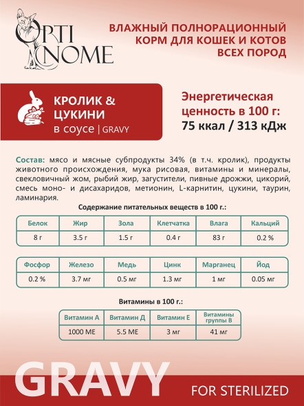 Optinome влажный корм для взрослых стерилизованных кошек при чувствительном пищеварении с кроликом и цукини в соусе, в паучах - 75 г