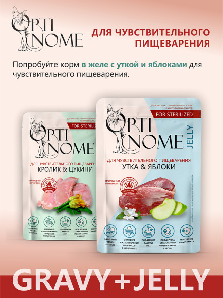 Optinome влажный корм для взрослых стерилизованных кошек при чувствительном пищеварении с кроликом и цукини в соусе, в паучах - 75 г