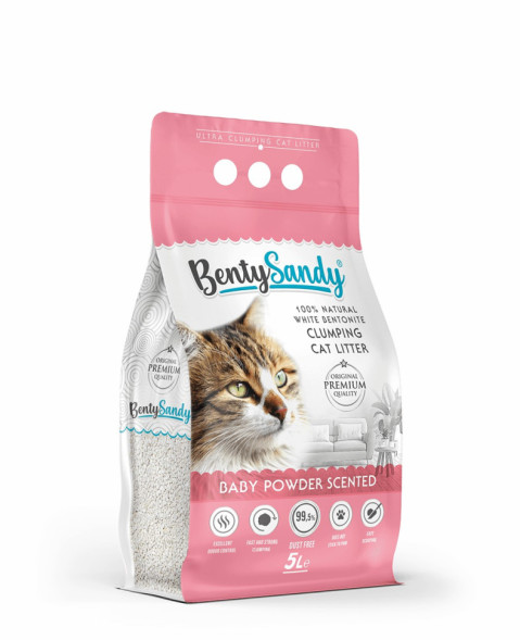 BentySandy Baby Powder наполнитель для кошачьего туалета комкующийся, глиняный, с ароматом детской присыпки - 5 л (4,35 кг)