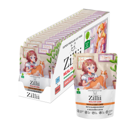 Zillii Healthy Care Skin &amp; Coat Care влажный корм для взрослых кошек, поддержка здоровья кожи и шерсти, с лососем в соусе, в паучах - 85 г