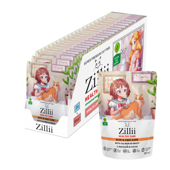 Zillii Healthy Care Skin &amp; Coat Care влажный корм для взрослых кошек, поддержка здоровья кожи и шерсти, с лососем в соусе, в паучах - 85 г