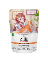 Zillii Healthy Care Skin &amp; Coat Care влажный корм для взрослых кошек, поддержка здоровья кожи и шерсти, с лососем в соусе, в паучах - 85 г