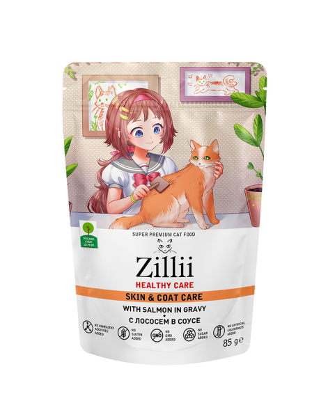 Zillii Healthy Care Skin &amp; Coat Care влажный корм для взрослых кошек, поддержка здоровья кожи и шерсти, с лососем в соусе, в паучах - 85 г