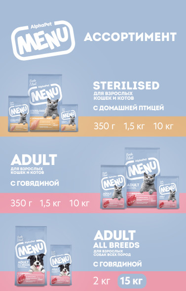 AlphaPet MENU сухой корм для взрослых собак всех пород с говядиной - 15 кг