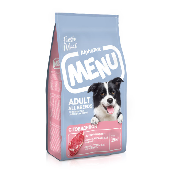 AlphaPet MENU сухой корм для взрослых собак всех пород с говядиной - 15 кг
