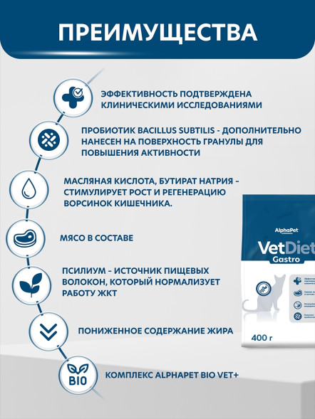 AlphaPet Vet Diet сухой корм для взрослых кошек и котов при острых расстройствах пищеварения, в реабилитационный период и при истощении - 400 г