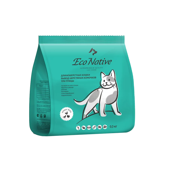 Eco Native сухой корм для длинношерстных кошек, ассорти мяса птицы с овощами и клюквой - 500 г