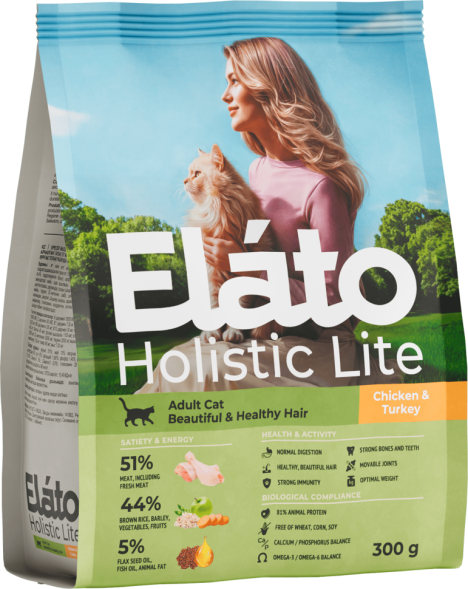 Elato Holistic Lite сухой корм для взрослых кошек для красивой и здоровой шерсти, с курицей и индейкой - 300 г