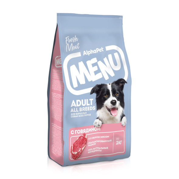 AlphaPet MENU сухой корм для взрослых собак всех пород с говядиной - 2 кг