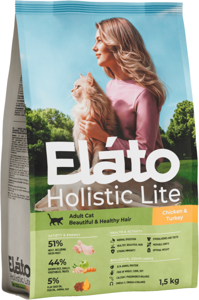 Elato Holistic Lite сухой корм для взрослых кошек для красивой и здоровой шерсти, с курицей и индейкой - 1,5 кг