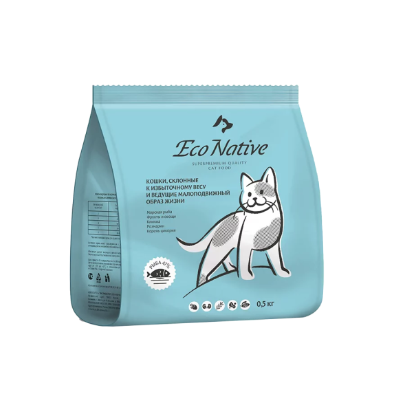 Eco Native сухой корм для взрослых кошек, склонных к избыточному весу, с рыбой лососевых пород, овощами и клюквой - 500 г