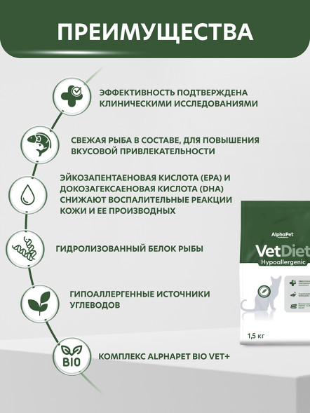 AlphaPet Vet Diet сухой корм для взрослых кошек при пищевой аллергии и непереносимости ингредиентов - 1,5 кг