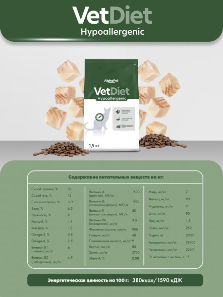 AlphaPet Vet Diet сухой корм для взрослых кошек при пищевой аллергии и непереносимости ингредиентов - 1,5 кг