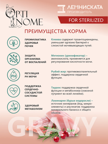 Optinome влажный корм для взрослых стерилизованных кошек для профилактики МКБ и цистита с индейкой и клюквой в соусе, в паучах - 75 г