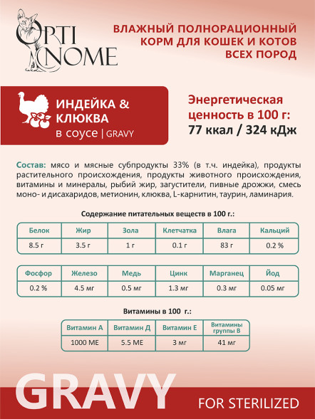 Optinome влажный корм для взрослых стерилизованных кошек для профилактики МКБ и цистита с индейкой и клюквой в соусе, в паучах - 75 г