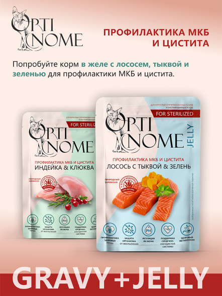 Optinome влажный корм для взрослых стерилизованных кошек для профилактики МКБ и цистита с индейкой и клюквой в соусе, в паучах - 75 г