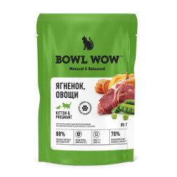 BOWL WOW влажный корм для котят и беременных кошек, с ягненком и овощами в соусе, в паучах - 85 г х 12 шт