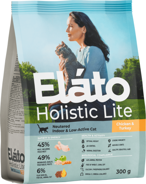 Elato Holistic Lite сухой корм для стерилизованных и домашних малоактивных кошек, с курицей и индейкой - 300 г