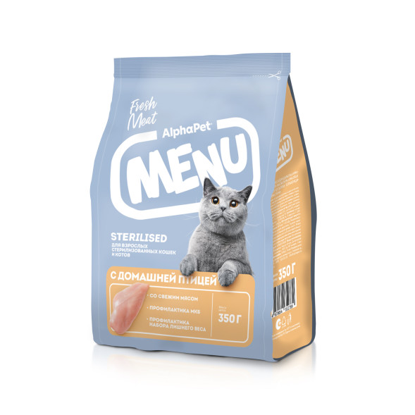 AlphaPet MENU сухой корм для взрослых стерилизованных кошек с домашней птицей - 350 г