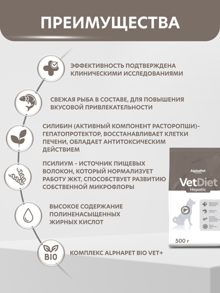 AlphaPet Vet Diet сухой корм для взрослых собак всех пород при заболеваниях печени - 500 г