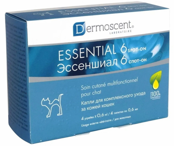 Эссеншиал 6 Спот-Он капли на холку для кошек для, кожи и шерсти - 0,6 мл х 4 пипетки