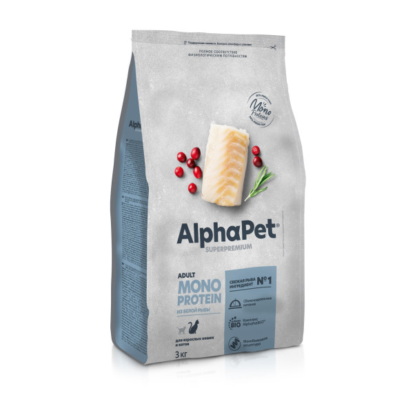 AlphaPet Superpremium Monoprotein сухой корм для взрослых кошек с белой рыбой - 3 кг