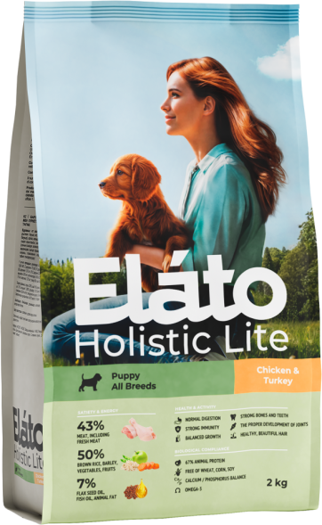 Elato Holistic Lite сухой корм для щенков всех пород, с курицей и индейкой - 2 кг