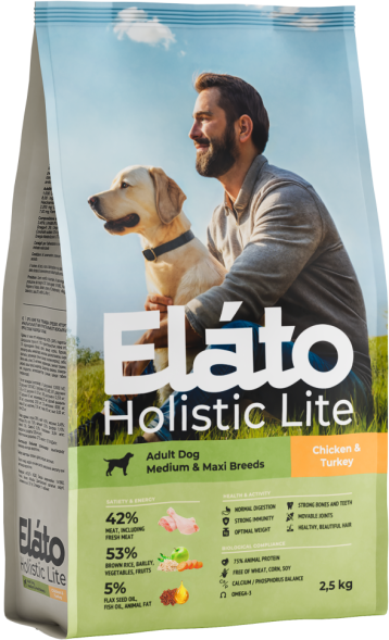 Elato Holistic Lite сухой корм для взрослых собак средних и крупных пород, с курицей и индейкой - 2,5 кг