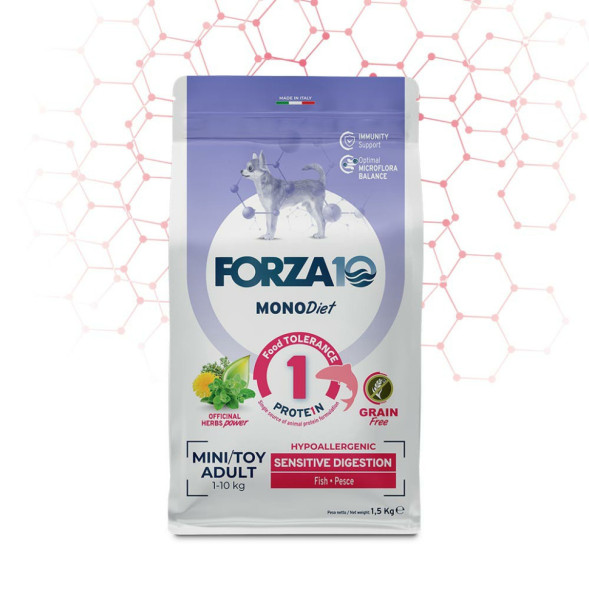 Forza10 MonoDiet Sensitive Digestion Mini&amp;Toy Adult сухой гипоаллергенный корм для взрослых собак мелких пород с чувствительным пищеварением, с рыбой - 1,5 кг