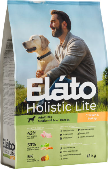 Elato Holistic Lite сухой корм для взрослых собак средних и крупных пород, с курицей и индейкой - 12 кг