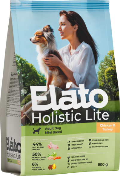 Elato Holistic Lite сухой корм для взрослых собак мелких пород, с курицей и индейкой - 500 г