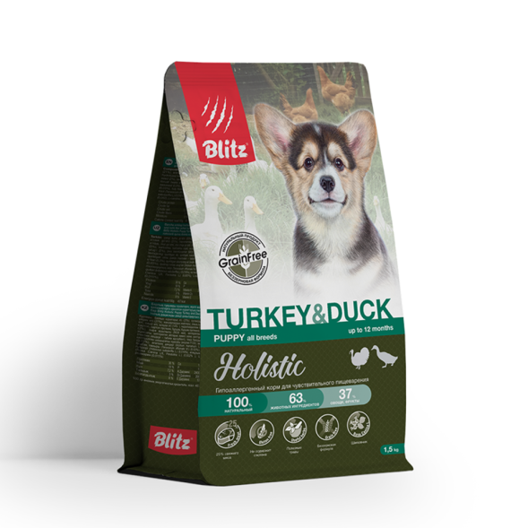 Blitz Holistic Puppy Turkey &amp; Duck сухой беззерновой корм для щенков всех пород, беременных и кормящих сук, при чувствительном пищеварении с индейкой и уткой - 1,5 кг